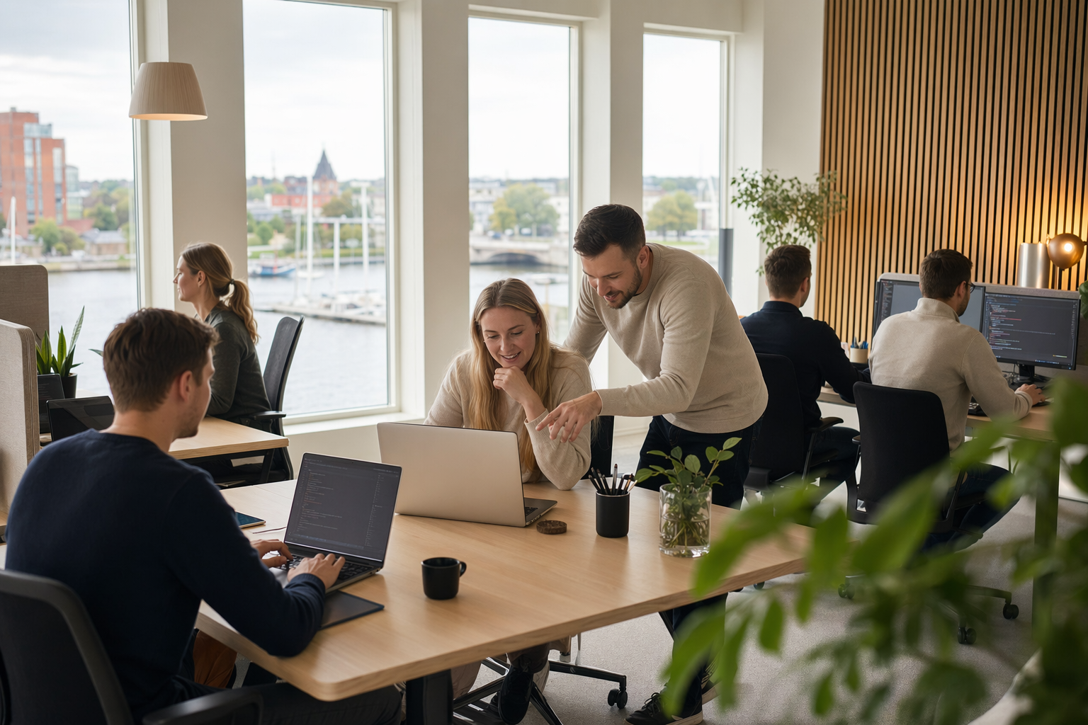 It-konsulter arbetar i ljust, modernt kontorsutrymme i Halmstad