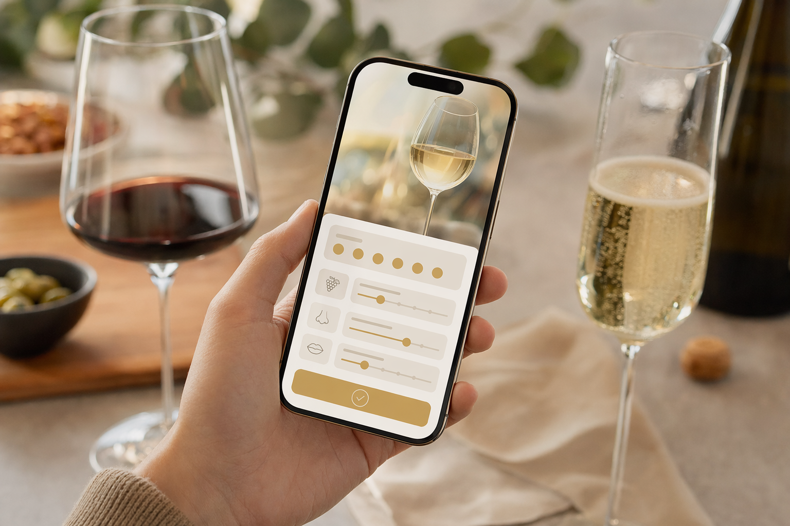 Smartphone visar appen Provning med dryckeskoppar i bakgrunden